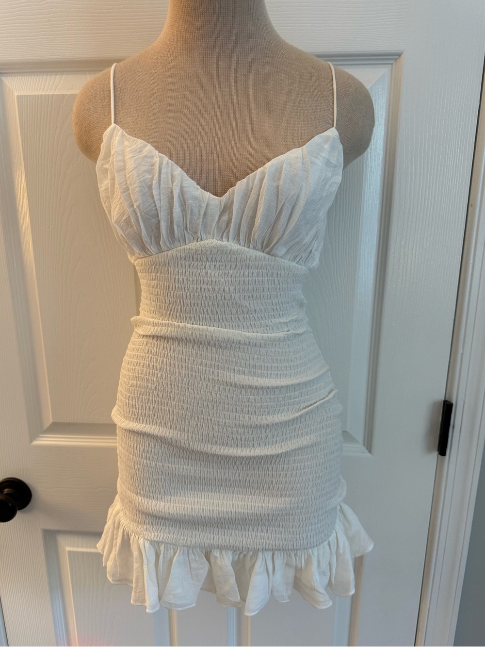 Sage & Paige White Smocked Ruffle Mini Dress with Spaghetti Straps S